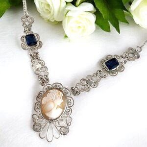 Vintage 1950s Italian Shell Cameo Necklace Victorian Revival Filigree - 9H7